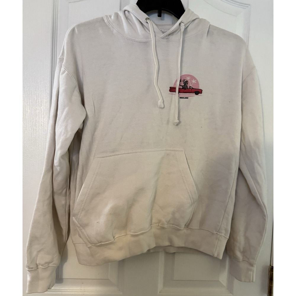 Call Your Mother RECKLESS Mens Size L Hoodie Pink Car Skeleton‎ Sweatshirt White